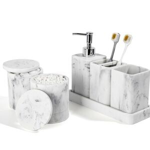 6pcs Marble Bathroom Accessory Set - White and Gray • New In Box